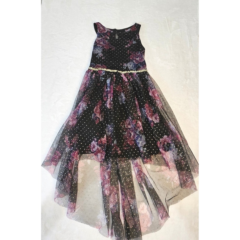 Lilt Girls Black Floral Gold Glitter Sequin High-Low Party Dress Size 7